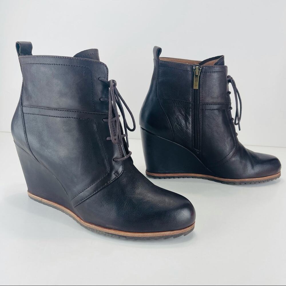 Anthropologie Biala Alyssa Brown Wedge Bootie Size 10 Luxury Leather Lace & Zip